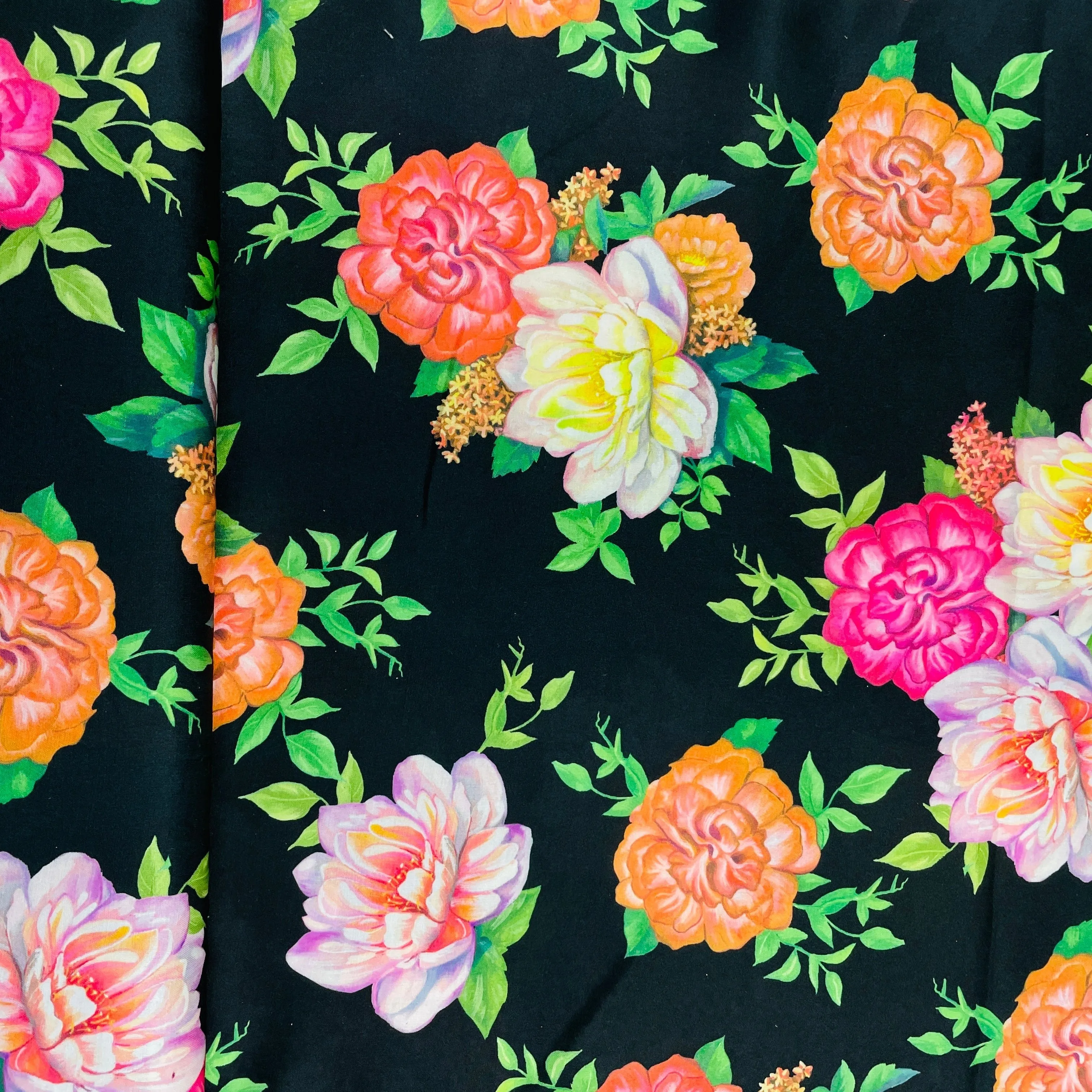 Black & Multicolor Floral Print Modal Satin Fabric