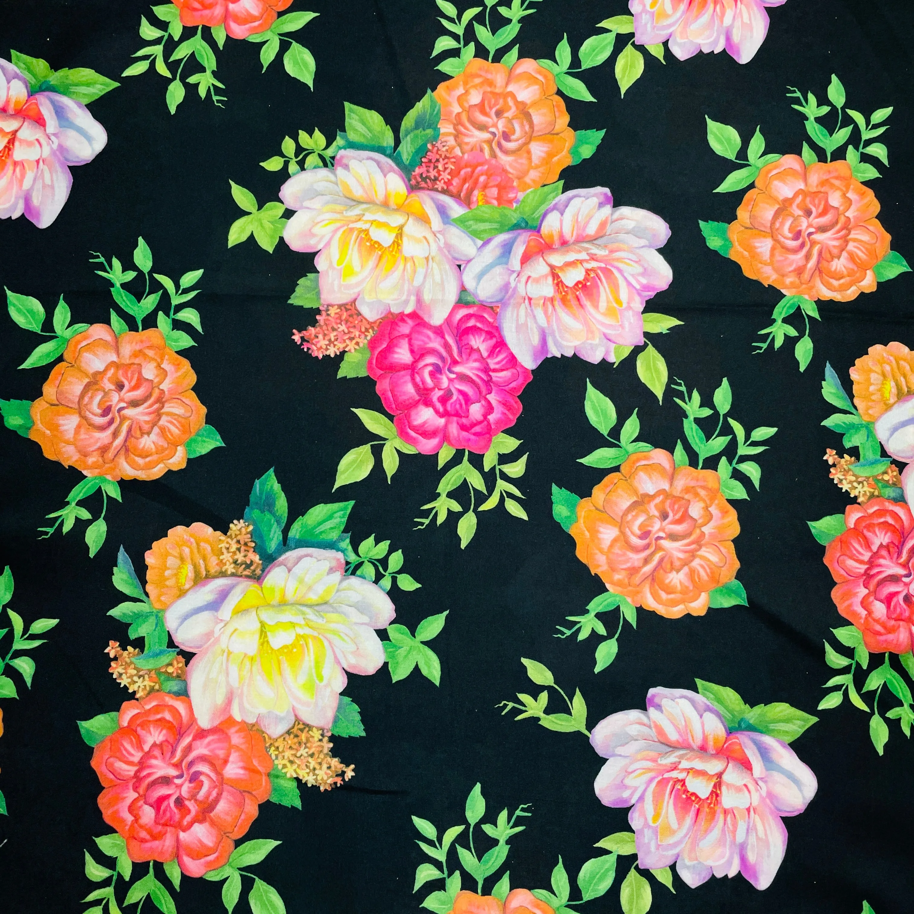 Black & Multicolor Floral Print Modal Satin Fabric