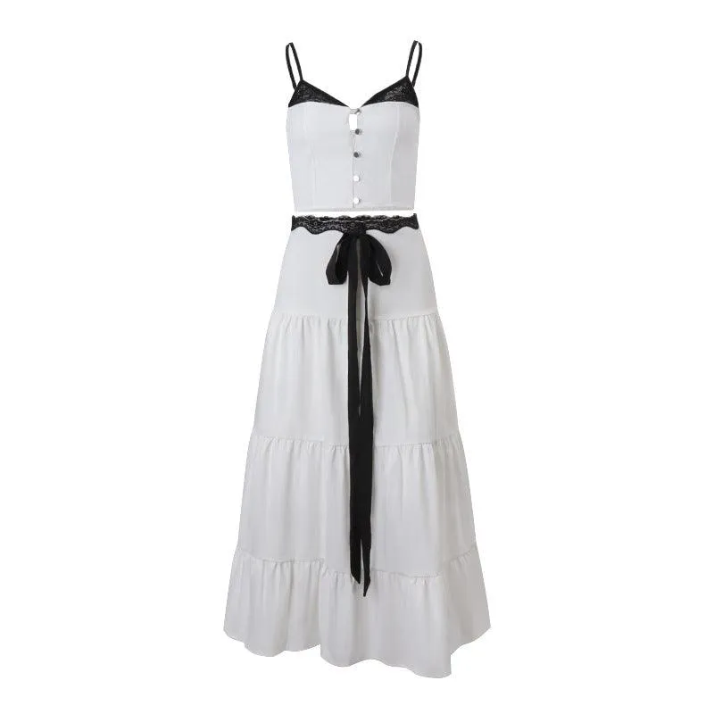 Black and White Spliced Cami Top and High-Waisted Tiered Skirt Set