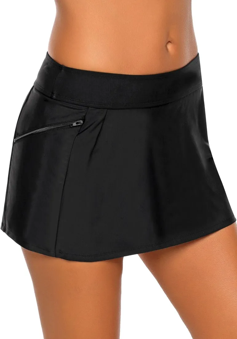 Black Zipper-Pocket Waistband Skirted Bikini Bottom