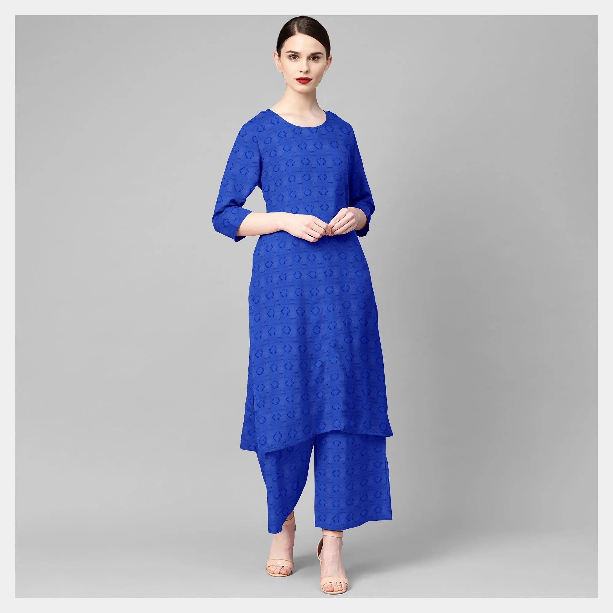Blue Solid Jacquard Cotton Fabric, 48 Inches Plain Weave