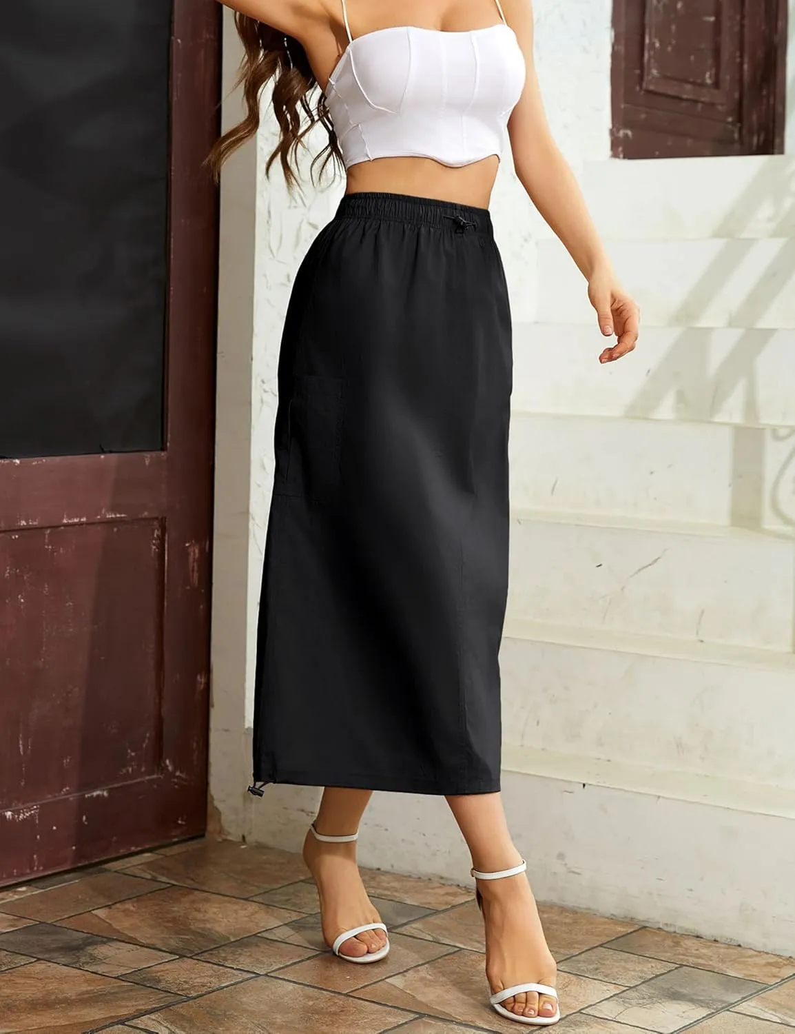 BLUEMING Women Y2k Cargo Long Skirt Low Waist Drawstring Maxi Skirt Ruched Vintage Slit Cargo Skirt with Pockets