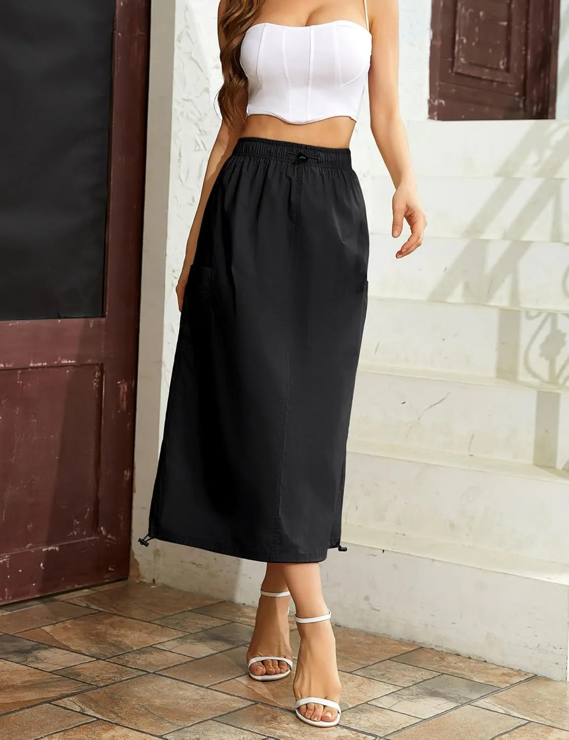 BLUEMING Women Y2k Cargo Long Skirt Low Waist Drawstring Maxi Skirt Ruched Vintage Slit Cargo Skirt with Pockets