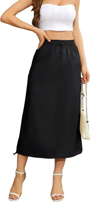 BLUEMING Women Y2k Cargo Long Skirt Low Waist Drawstring Maxi Skirt Ruched Vintage Slit Cargo Skirt with Pockets