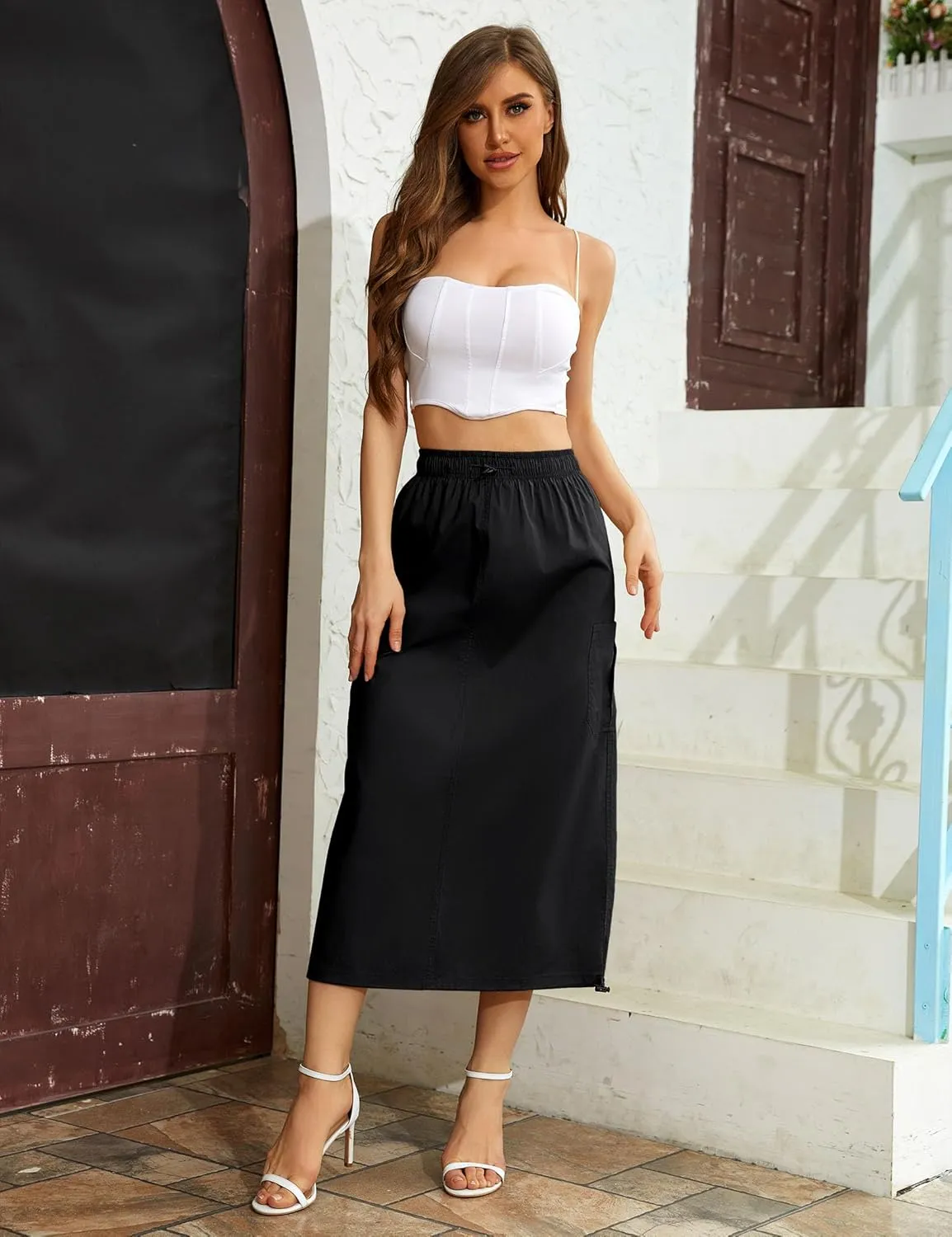 BLUEMING Women Y2k Cargo Long Skirt Low Waist Drawstring Maxi Skirt Ruched Vintage Slit Cargo Skirt with Pockets