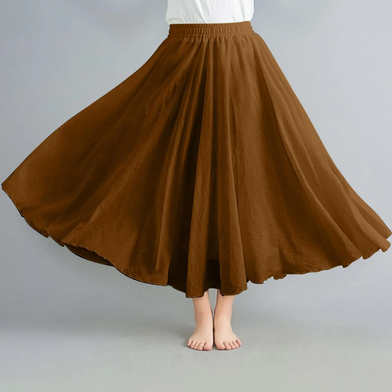 Borniu Women's Maxi Skirts 2025 Summer Trendy Ruffle High Waisted Casual Long Flowy Swing Solid Color Lightweight Skirt