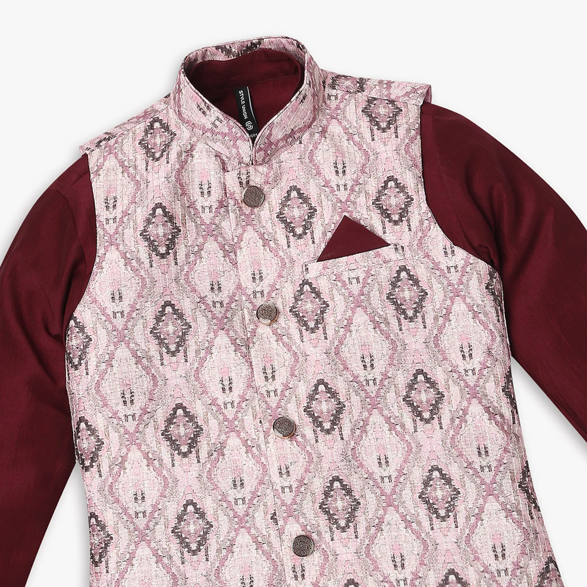 Boy's Regular Fit Jacquard Kurta & Pant with Jacket Set