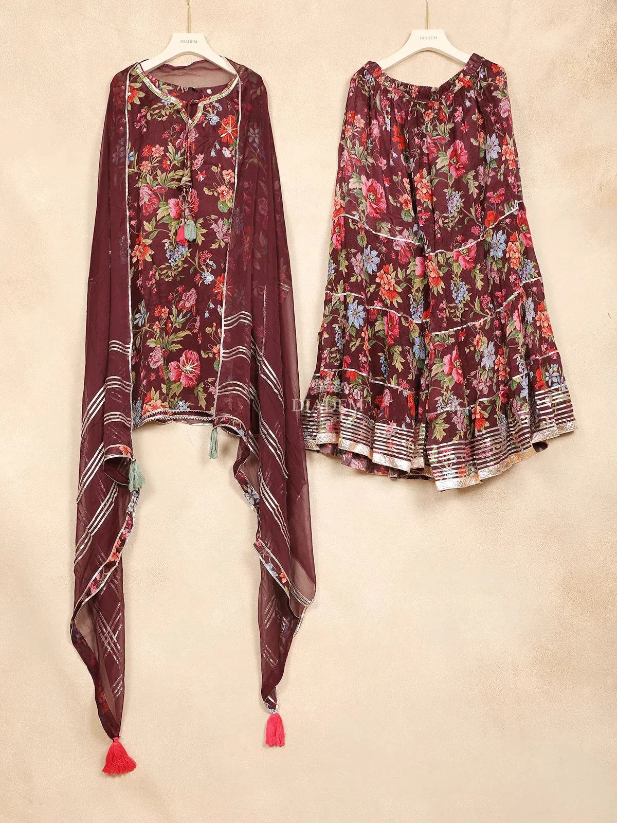 Brown Sharara Set Adorned with Flower Design Paired with Dupatta