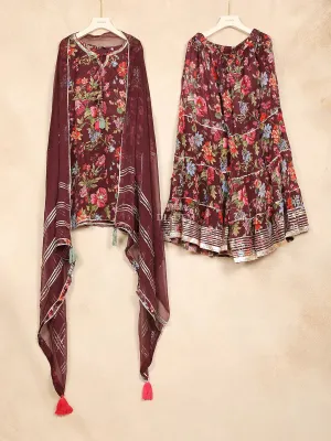 Brown Sharara Set Adorned with Flower Design Paired with Dupatta