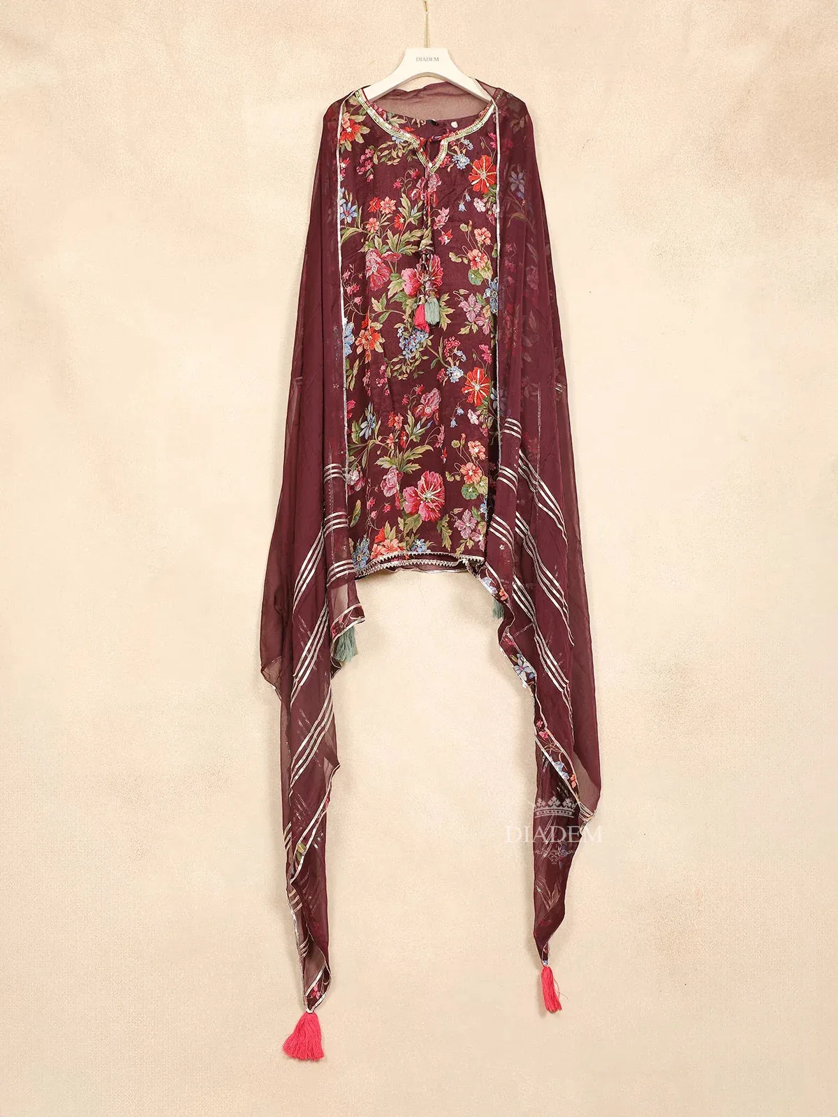 Brown Sharara Set Adorned with Flower Design Paired with Dupatta