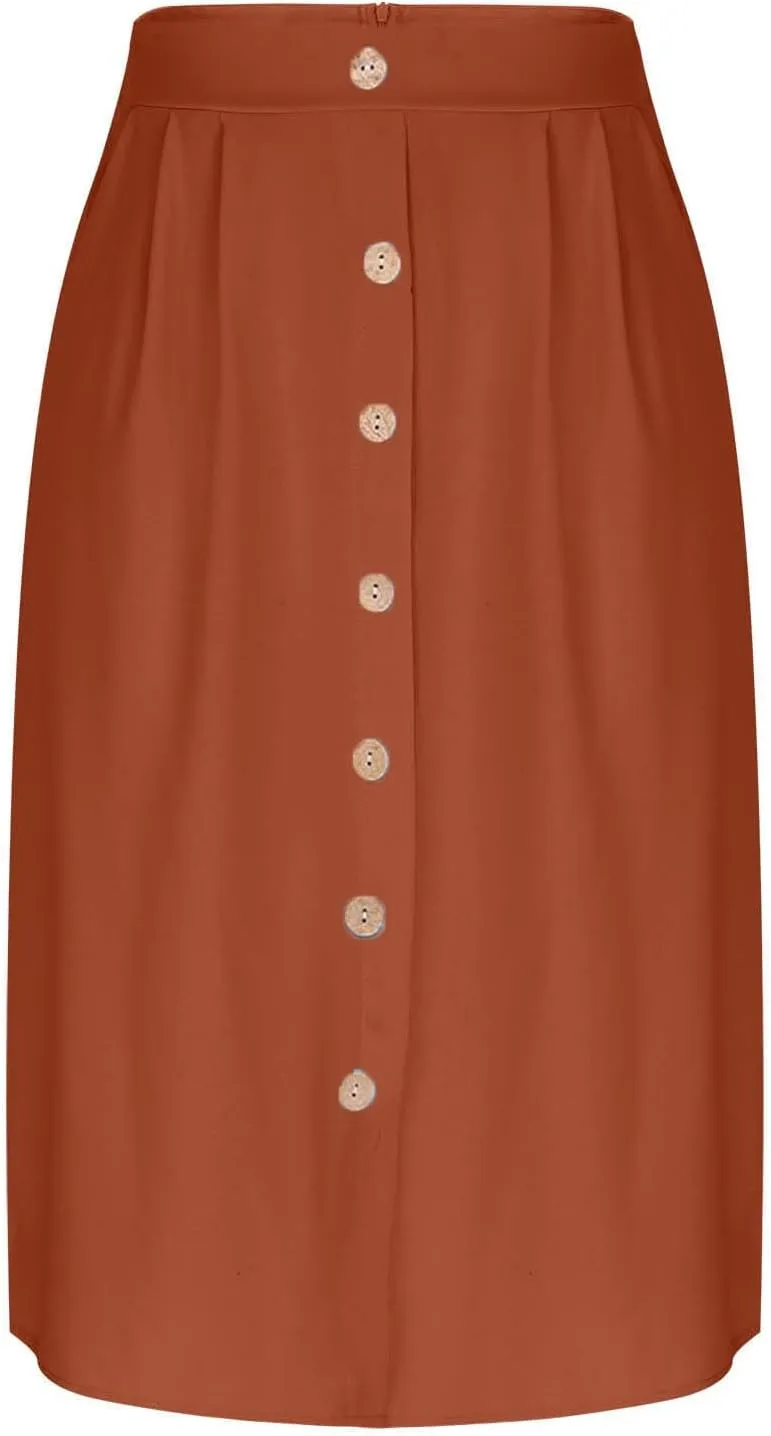 Button Down Skirt for Women Casual High Elastic Waist Pleated Linen A Line Skirts Summer Solid Swing Short Skirt