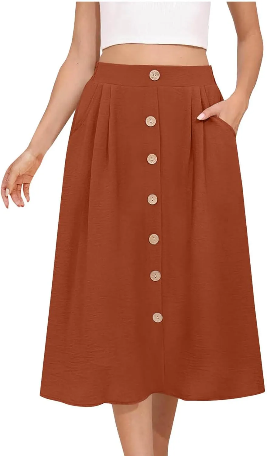 Button Down Skirt for Women Casual High Elastic Waist Pleated Linen A Line Skirts Summer Solid Swing Short Skirt
