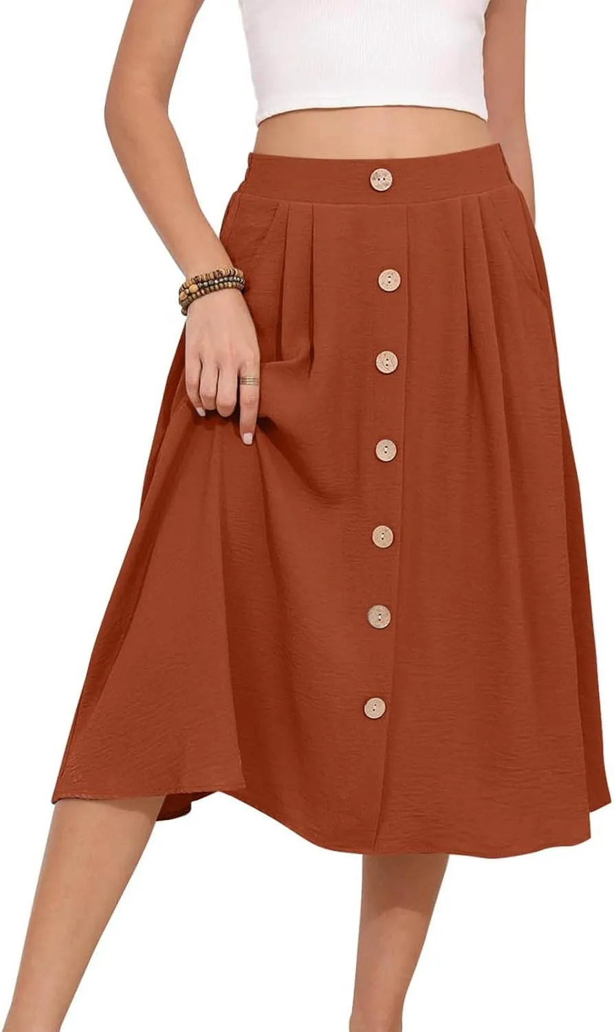 Button Down Skirt for Women Casual High Elastic Waist Pleated Linen A Line Skirts Summer Solid Swing Short Skirt