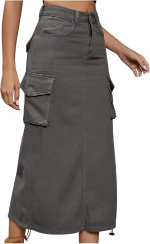 Cargo Skirts for Women Midi Long Denim Jean Skirt Casual Botton High Waist Y2K Cowgirl Pencil Skirt with Pockets