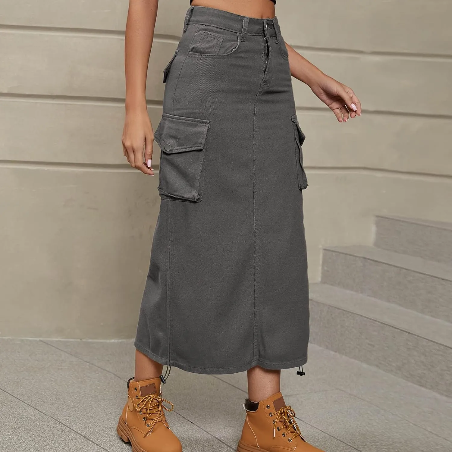 Cargo Skirts for Women Midi Long Denim Jean Skirt Casual Botton High Waist Y2K Cowgirl Pencil Skirt with Pockets