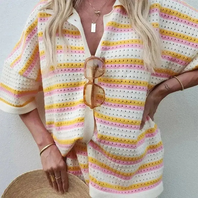 Contrast Colour Top Lapel Shirt And Striped Shorts Suit