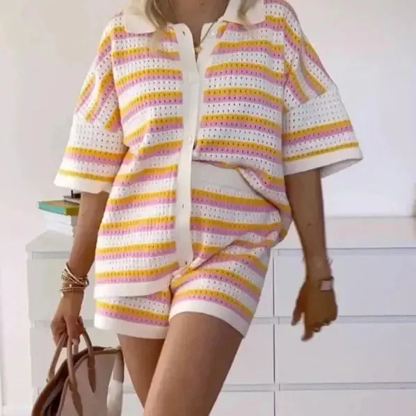 Contrast Colour Top Lapel Shirt And Striped Shorts Suit