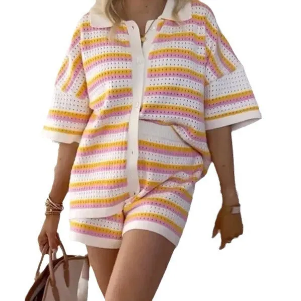 Contrast Colour Top Lapel Shirt And Striped Shorts Suit