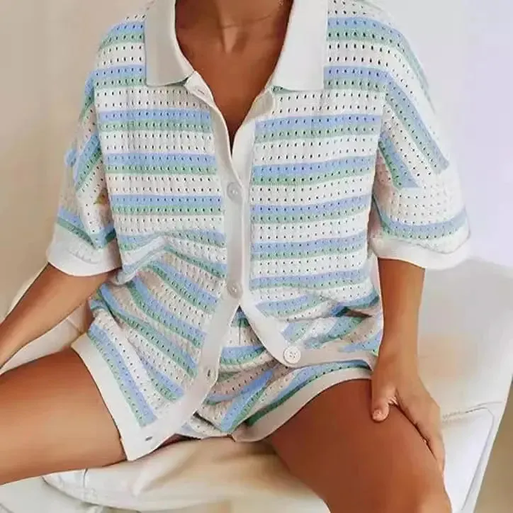 Contrast Colour Top Lapel Shirt And Striped Shorts Suit