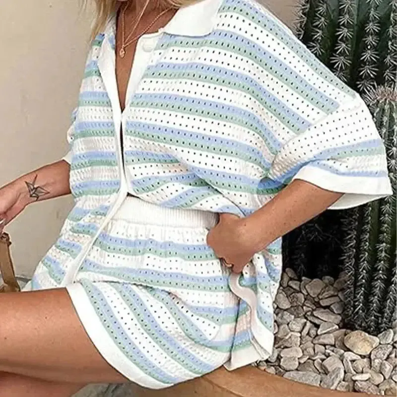 Contrast Colour Top Lapel Shirt And Striped Shorts Suit