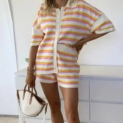 Contrast Colour Top Lapel Shirt And Striped Shorts Suit