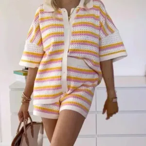 Contrast Colour Top Lapel Shirt And Striped Shorts Suit