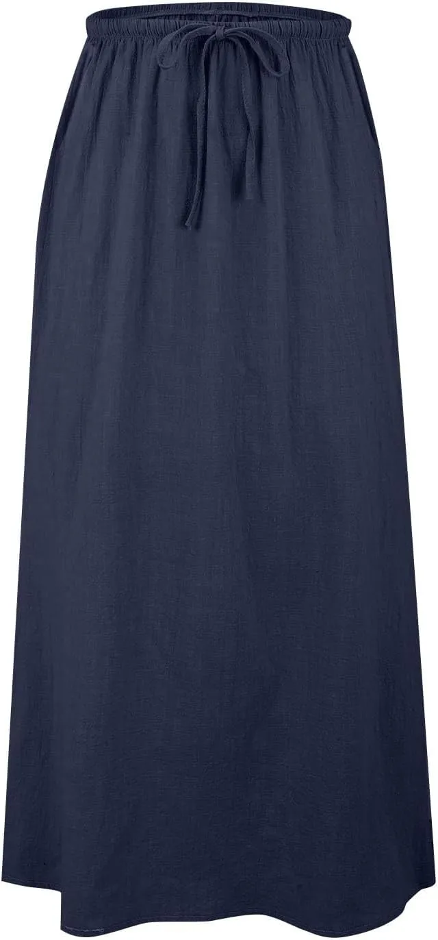 Cotton Linen Skirts for Women Maxi Length Summer Skirts Drawstring A-Line Casual Loose Flowy Ankle Long Beach Skirt