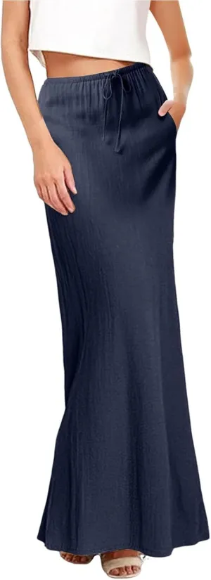 Cotton Linen Skirts for Women Maxi Length Summer Skirts Drawstring A-Line Casual Loose Flowy Ankle Long Beach Skirt