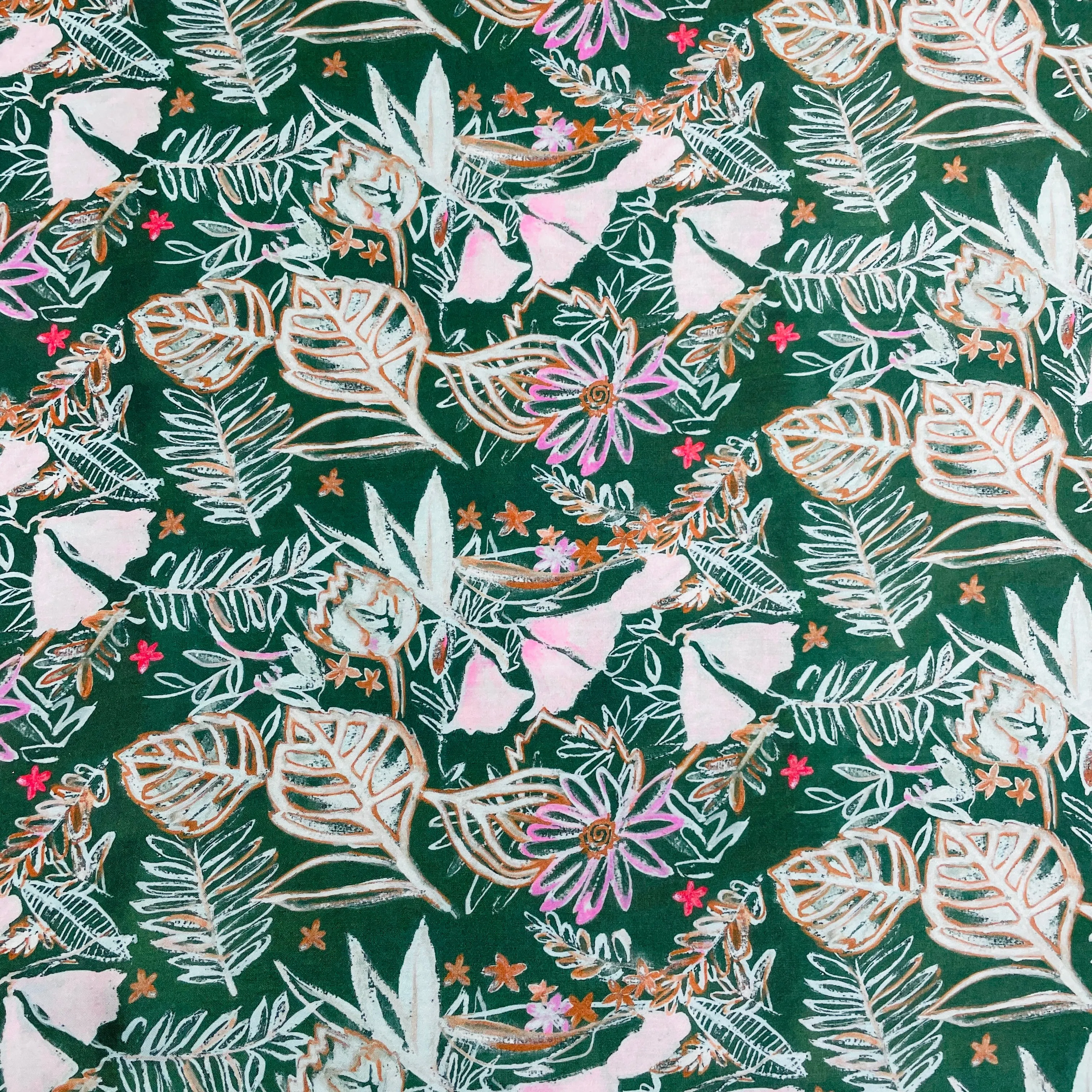 Dark Green & Pink Floral Print Modal Satin Fabric