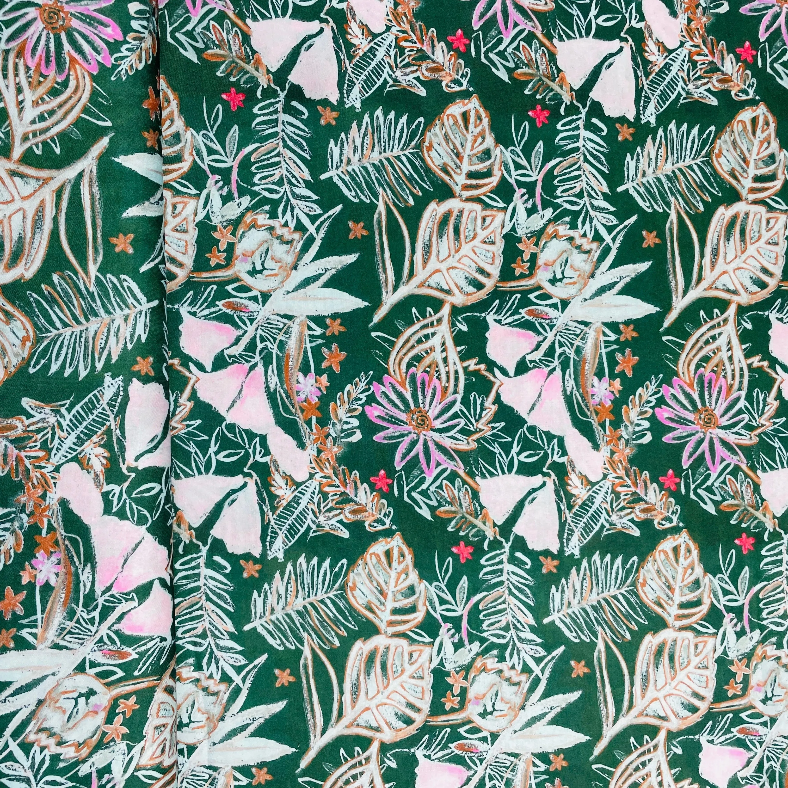 Dark Green & Pink Floral Print Modal Satin Fabric