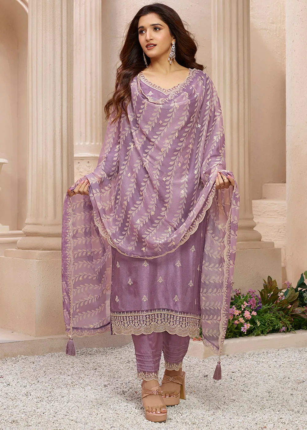 Dusty Lavender Purple Suit in Dola Silk with All-Over Threadwork Buttas