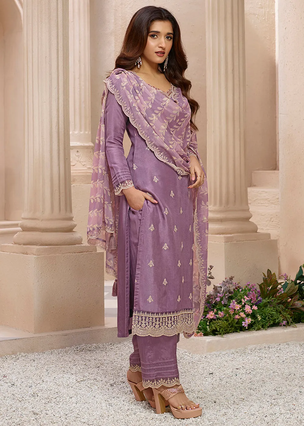 Dusty Lavender Purple Suit in Dola Silk with All-Over Threadwork Buttas