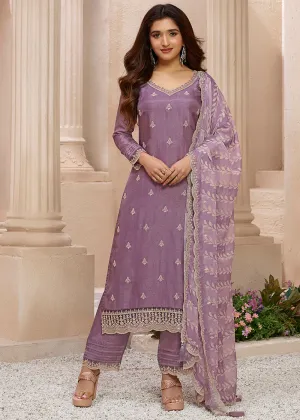 Dusty Lavender Purple Suit in Dola Silk with All-Over Threadwork Buttas