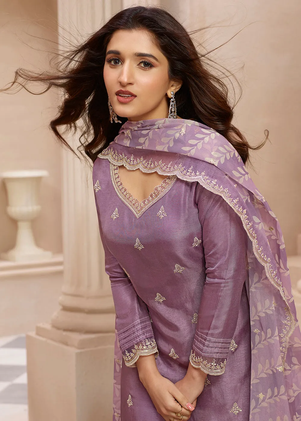Dusty Lavender Purple Suit in Dola Silk with All-Over Threadwork Buttas