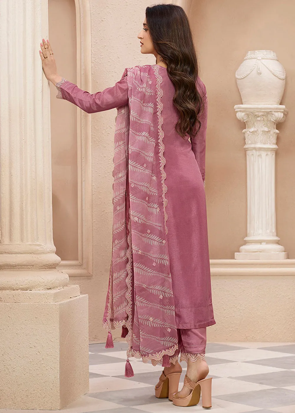Dusty Rose Pink Suit in Dola Silk with All-Over Threadwork Buttas