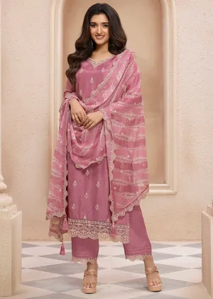 Dusty Rose Pink Suit in Dola Silk with All-Over Threadwork Buttas