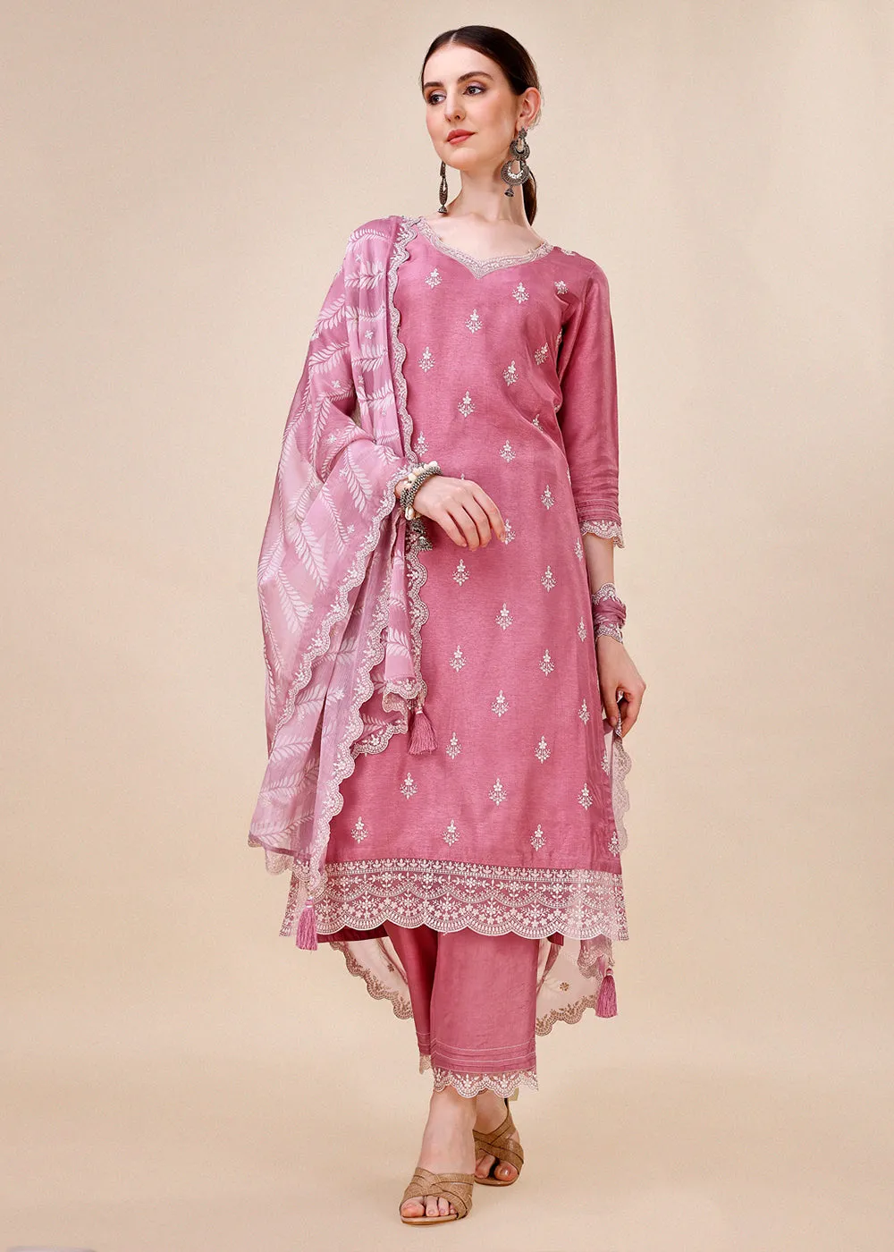 Dusty Rose Pink Suit in Dola Silk with All-Over Threadwork Buttas