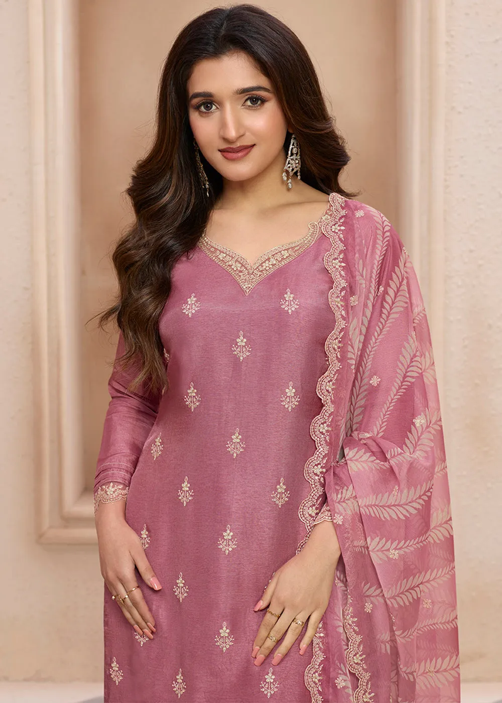 Dusty Rose Pink Suit in Dola Silk with All-Over Threadwork Buttas