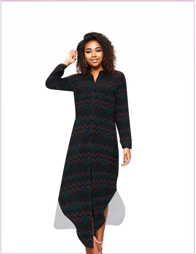Easy Days Dark Button Neck Long Sleeve Shirt Dress