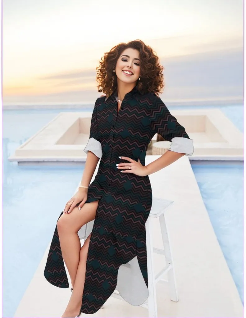 Easy Days Dark Button Neck Long Sleeve Shirt Dress