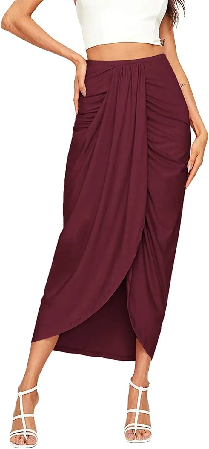 Elastic Draped Asymmetrical Casual Solid Waist Maxi High Wrap Slit Skirt Women's Skirt Tree Skirt Box
