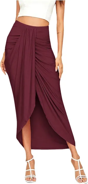Elastic Draped Asymmetrical Casual Solid Waist Maxi High Wrap Slit Skirt Women's Skirt Tree Skirt Box