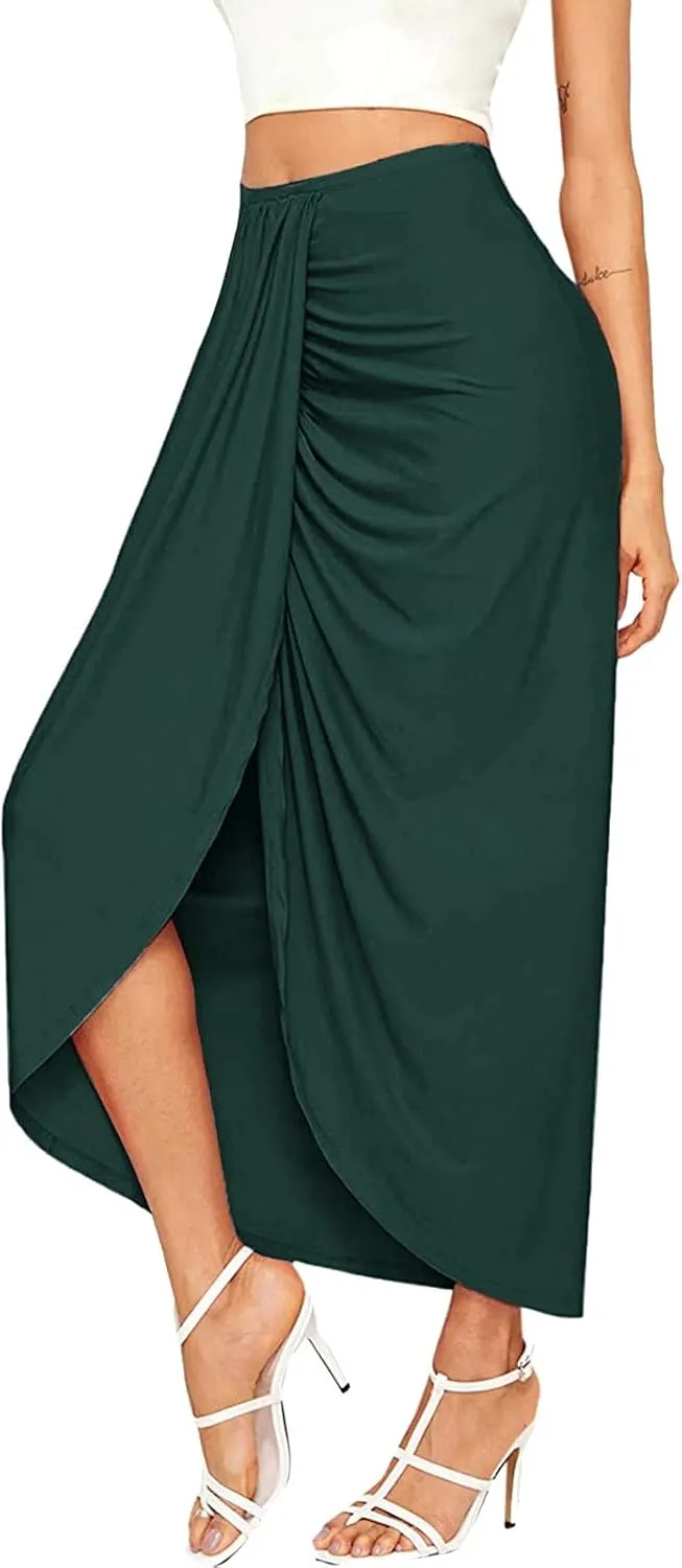 Elastic Draped Asymmetrical Casual Solid Waist Maxi High Wrap Slit Skirt Women's Skirt Tree Skirt Box