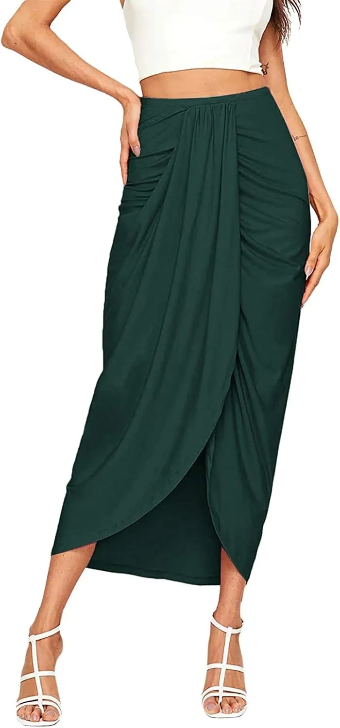 Elastic Draped Asymmetrical Casual Solid Waist Maxi High Wrap Slit Skirt Women's Skirt Tree Skirt Box