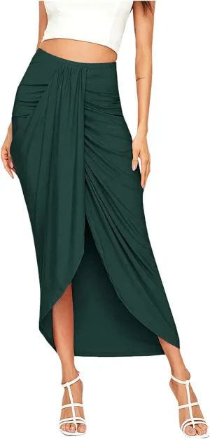 Elastic Draped Asymmetrical Casual Solid Waist Maxi High Wrap Slit Skirt Women's Skirt Tree Skirt Box