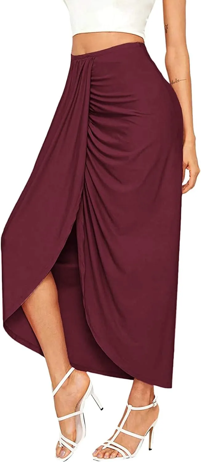 Elastic Draped Asymmetrical Casual Solid Waist Maxi High Wrap Slit Skirt Women's Skirt Tree Skirt Box