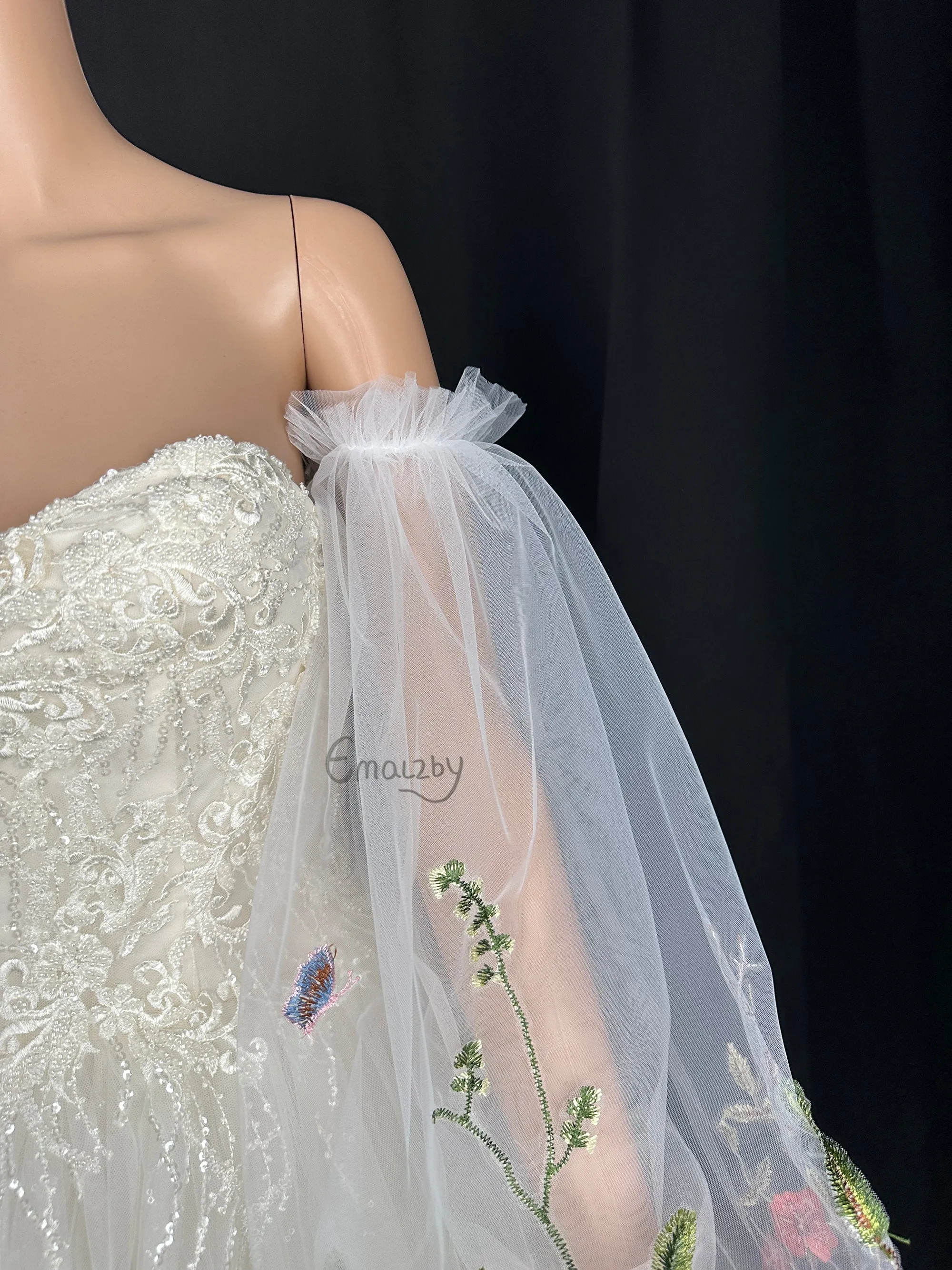 EMALZBY flower sleeve design,tulle puffy long wedding sleeve ,princess garden flower series detach wedding sleeve,wedding dress