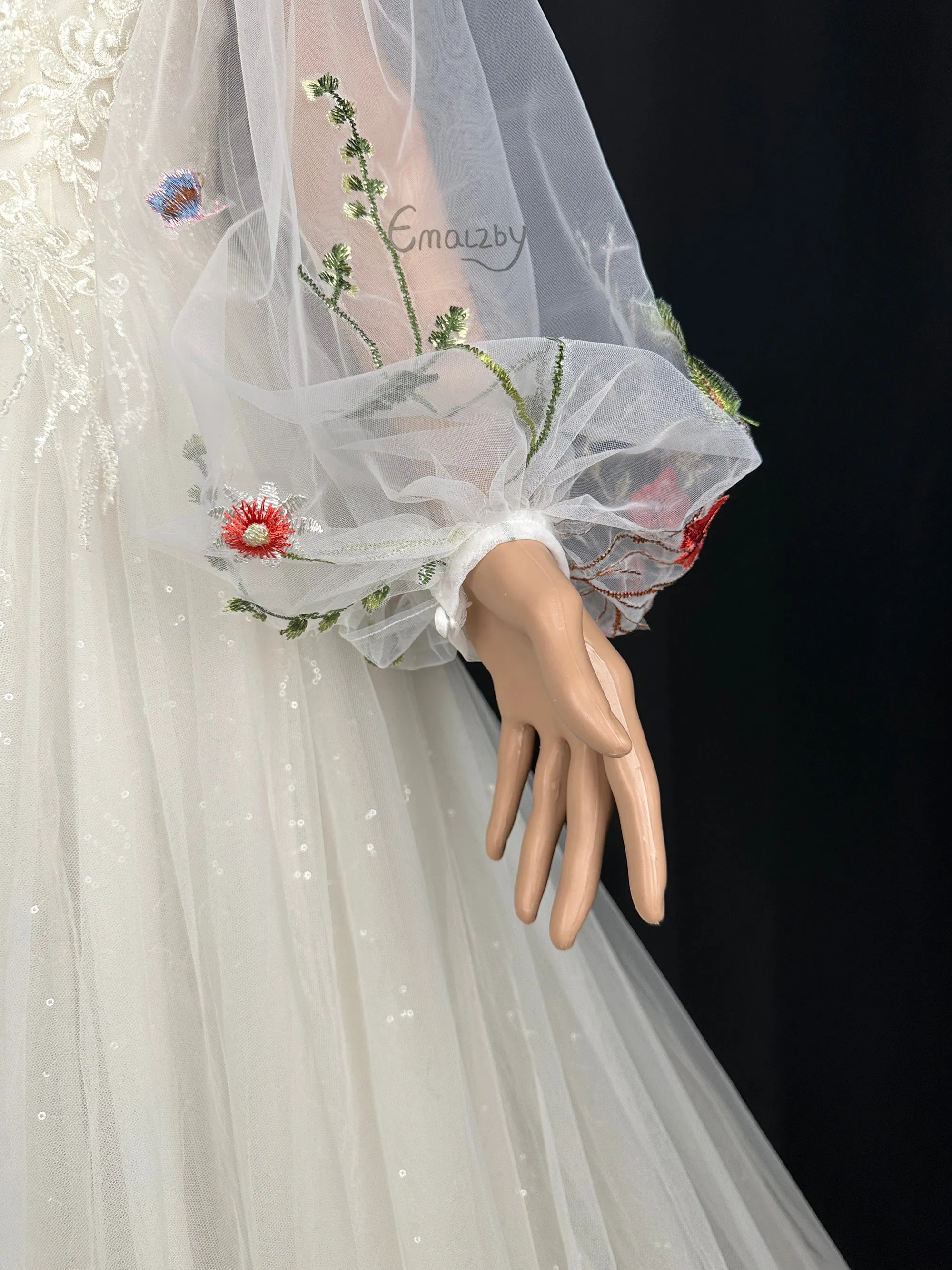 EMALZBY flower sleeve design,tulle puffy long wedding sleeve ,princess garden flower series detach wedding sleeve,wedding dress
