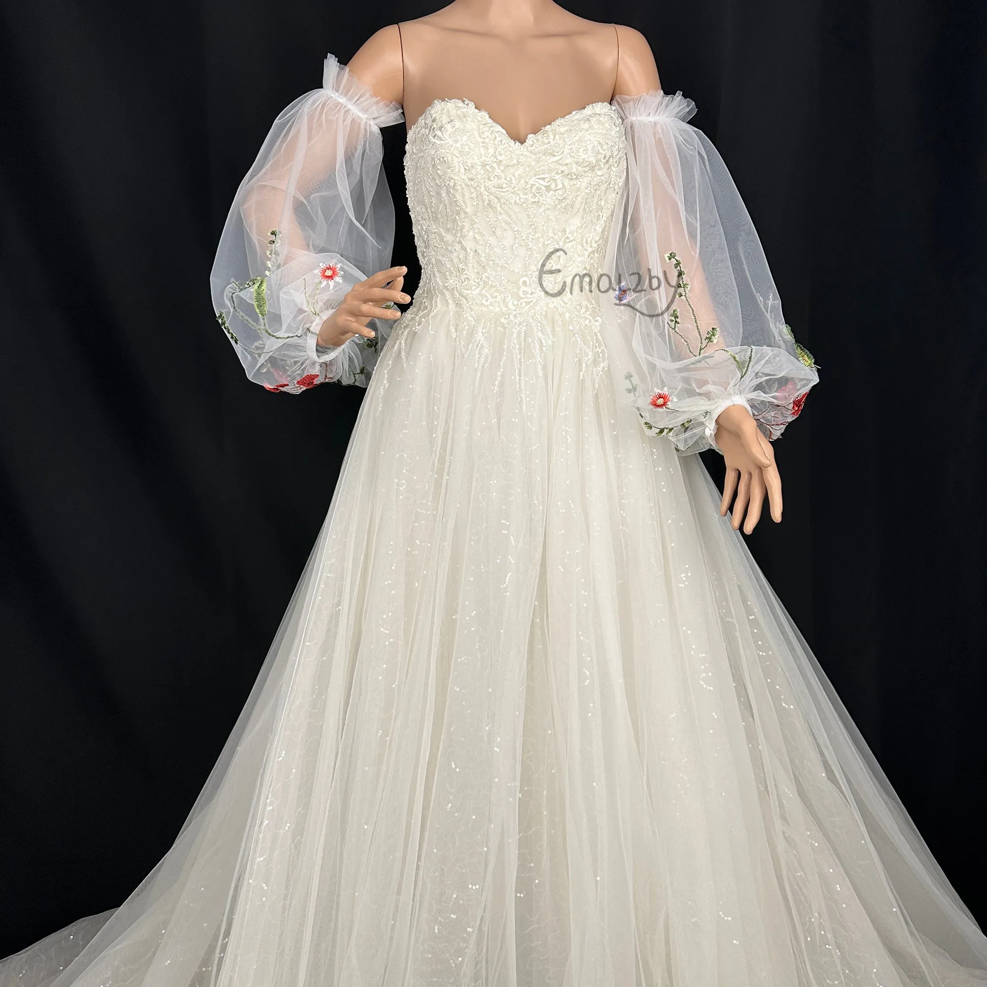 EMALZBY flower sleeve design,tulle puffy long wedding sleeve ,princess garden flower series detach wedding sleeve,wedding dress