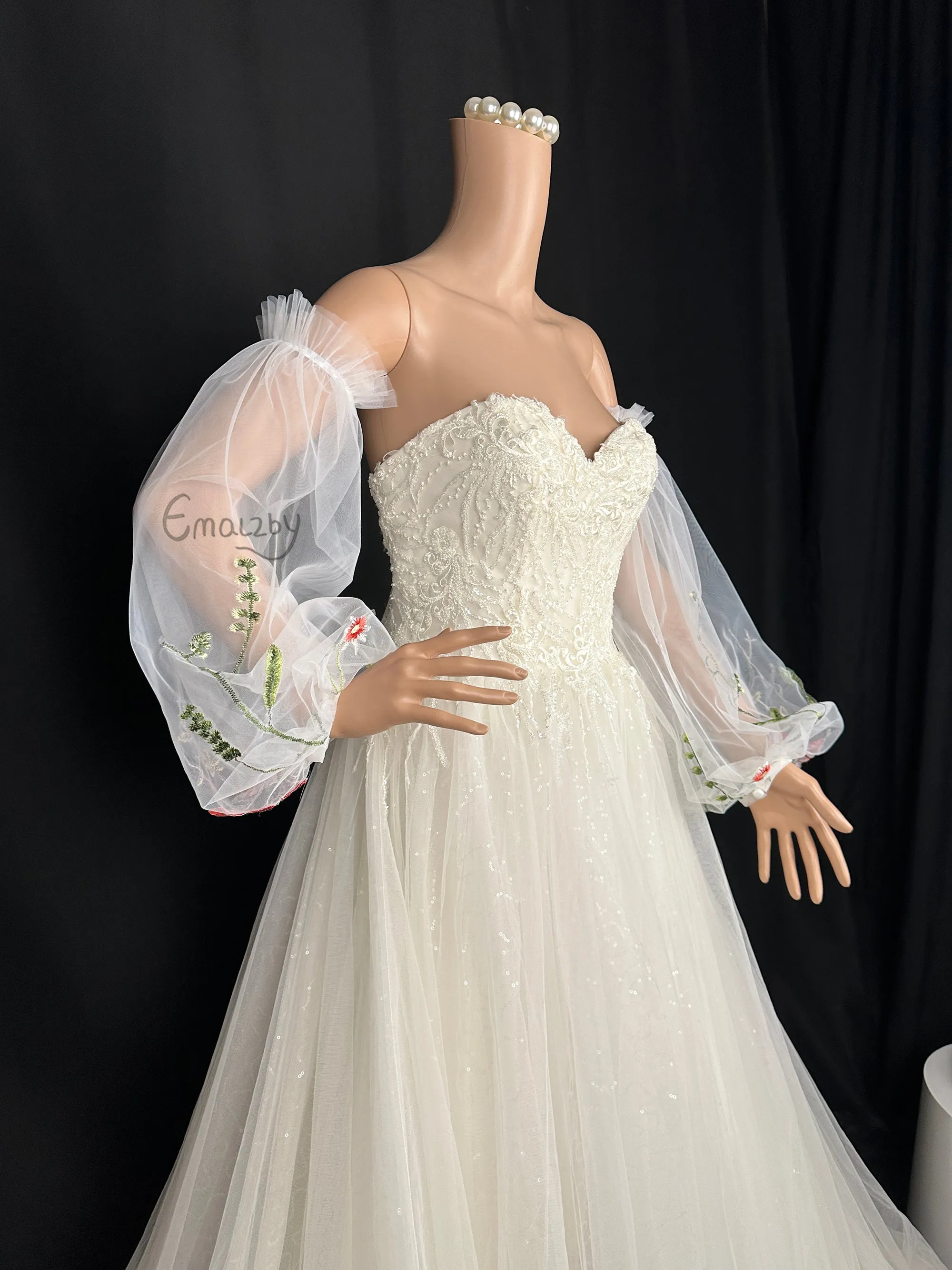 EMALZBY flower sleeve design,tulle puffy long wedding sleeve ,princess garden flower series detach wedding sleeve,wedding dress